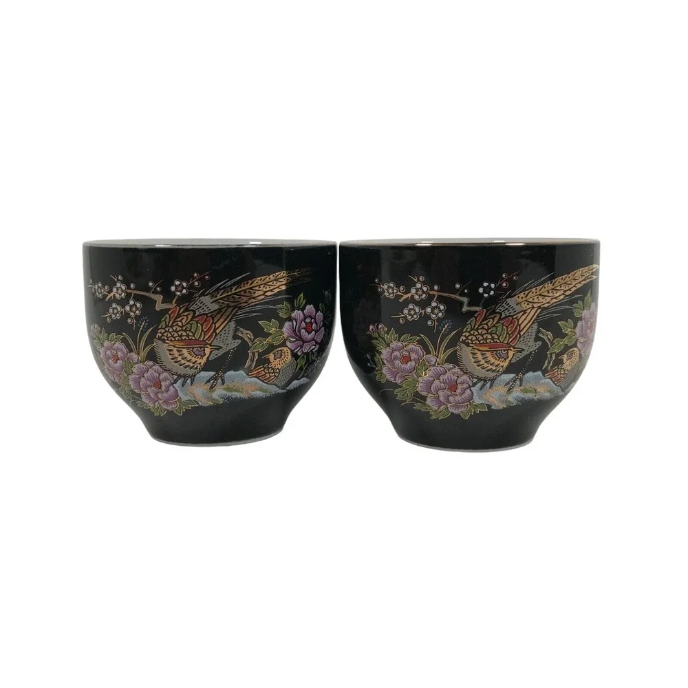 Vintage Japanese Black Ceramic Pheasant Tea Cup Set Floral Gold Trim 2pc